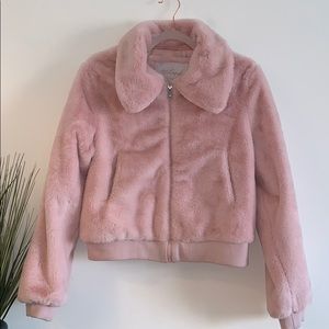 Baby pink faux fur bomber.